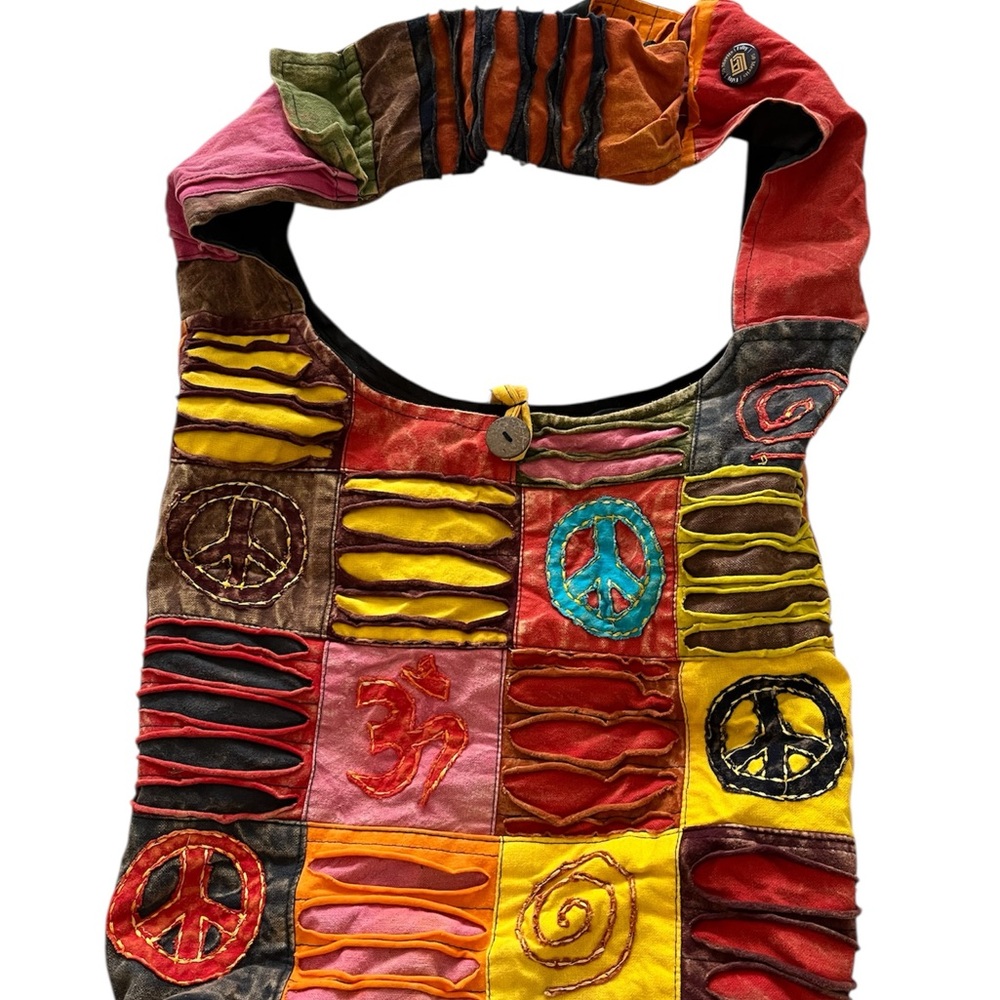 Boho Hippie Crossbody Hobo Shoulder Bag Purse Peace Sign Patchwork Made in Nepal